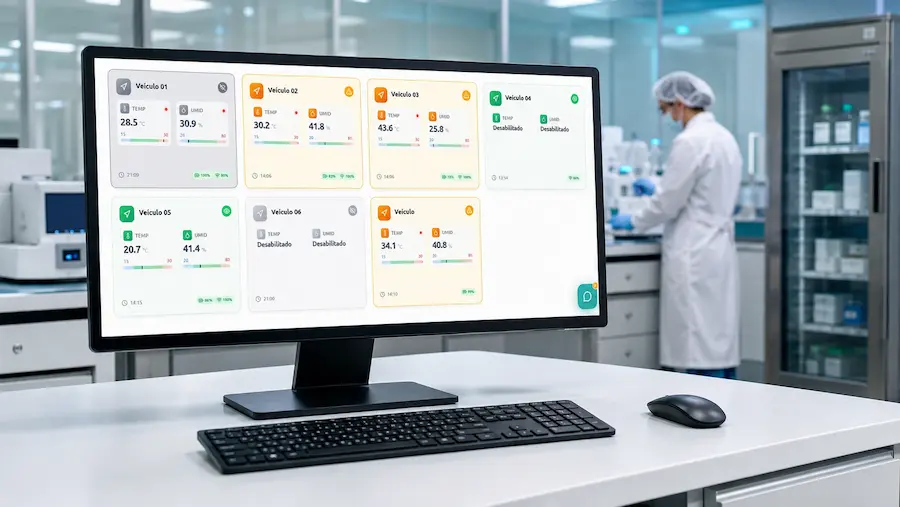 Monitor exibindo a plataforma Sensorweb em um laboratório moderno